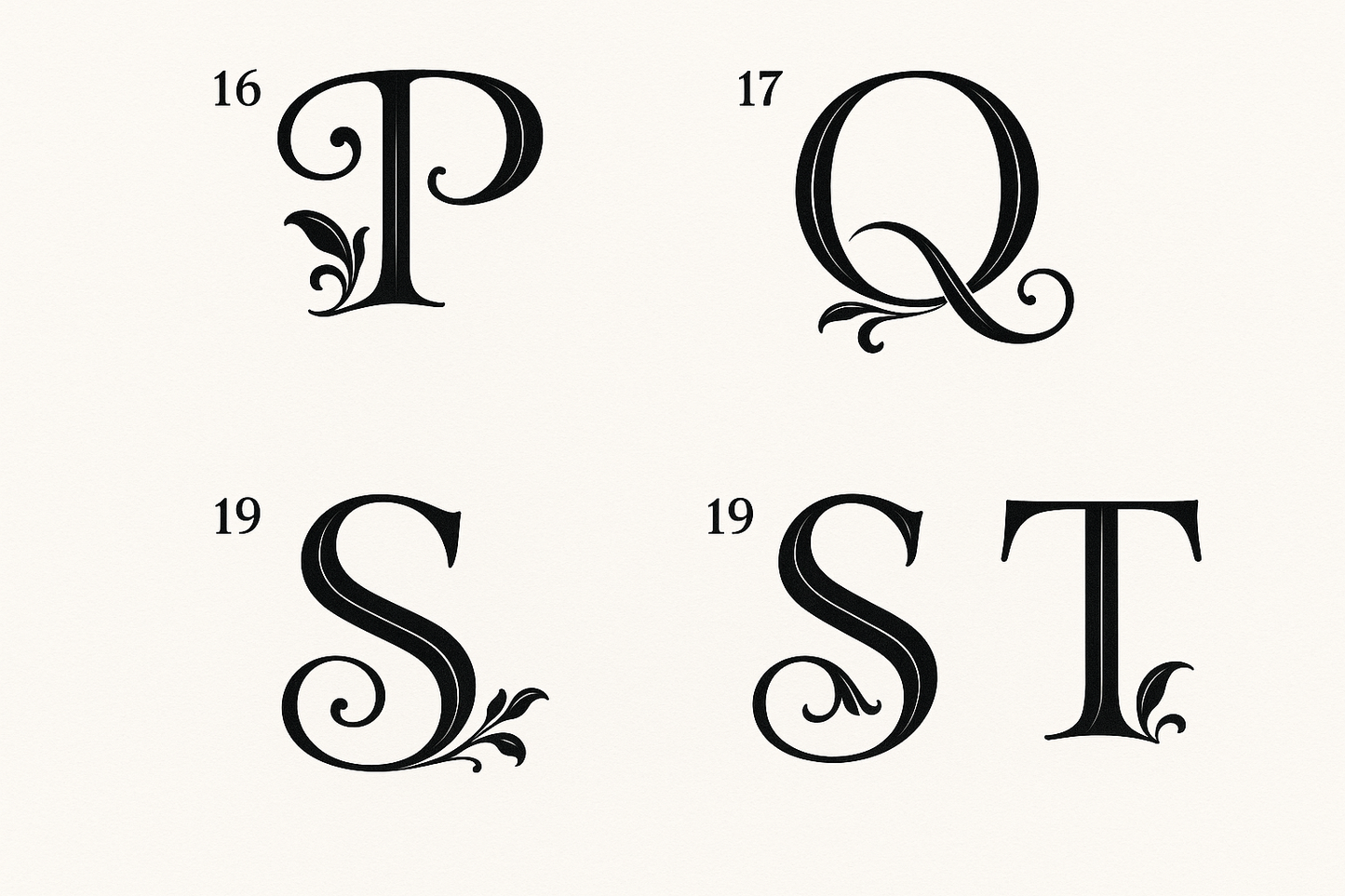 Letters P-T numbered 16-20