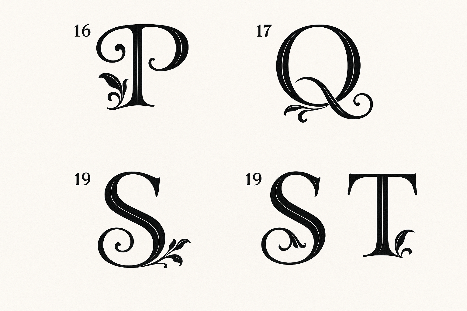 Letters P-T numbered 16-20