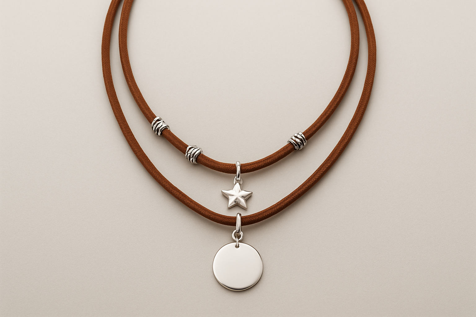 Luxury necklace with two very thin layers of suede leather and silver accents