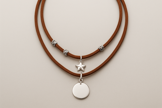 Luxury necklace with two very thin layers of suede leather and silver accents