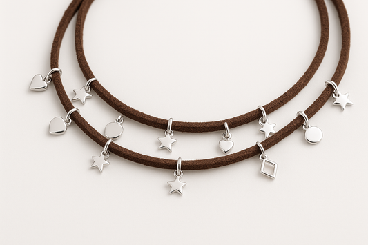Make the same it as before with two thin leather suede rows with small silver charm pendants