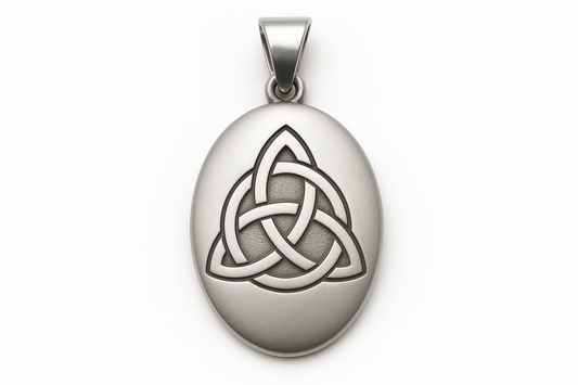 Matte silver oval pendant with Celtic knot engraving