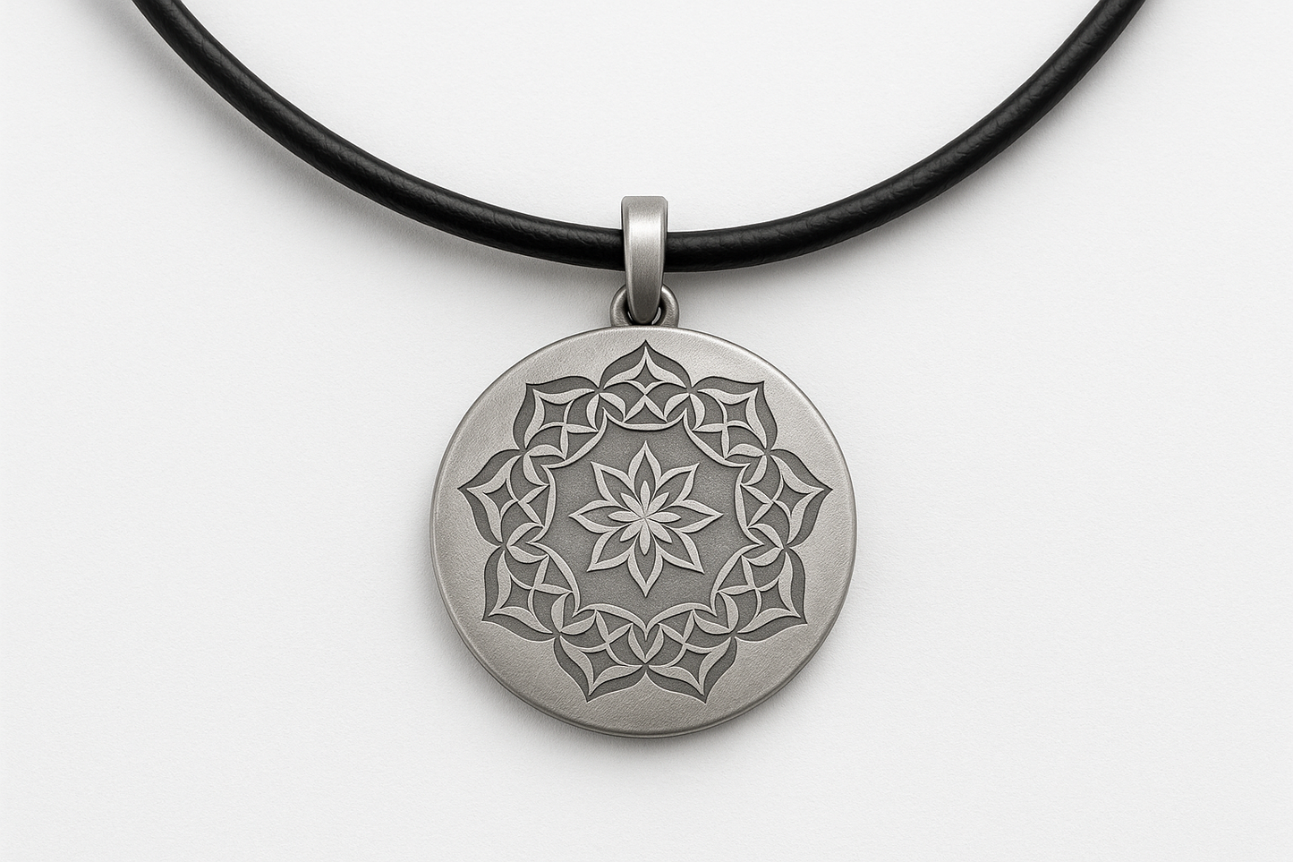 Matte silver pendant with ornate mandala design on black leather necklace