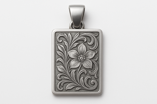 Matte silver rectangular pendant with floral engraving
