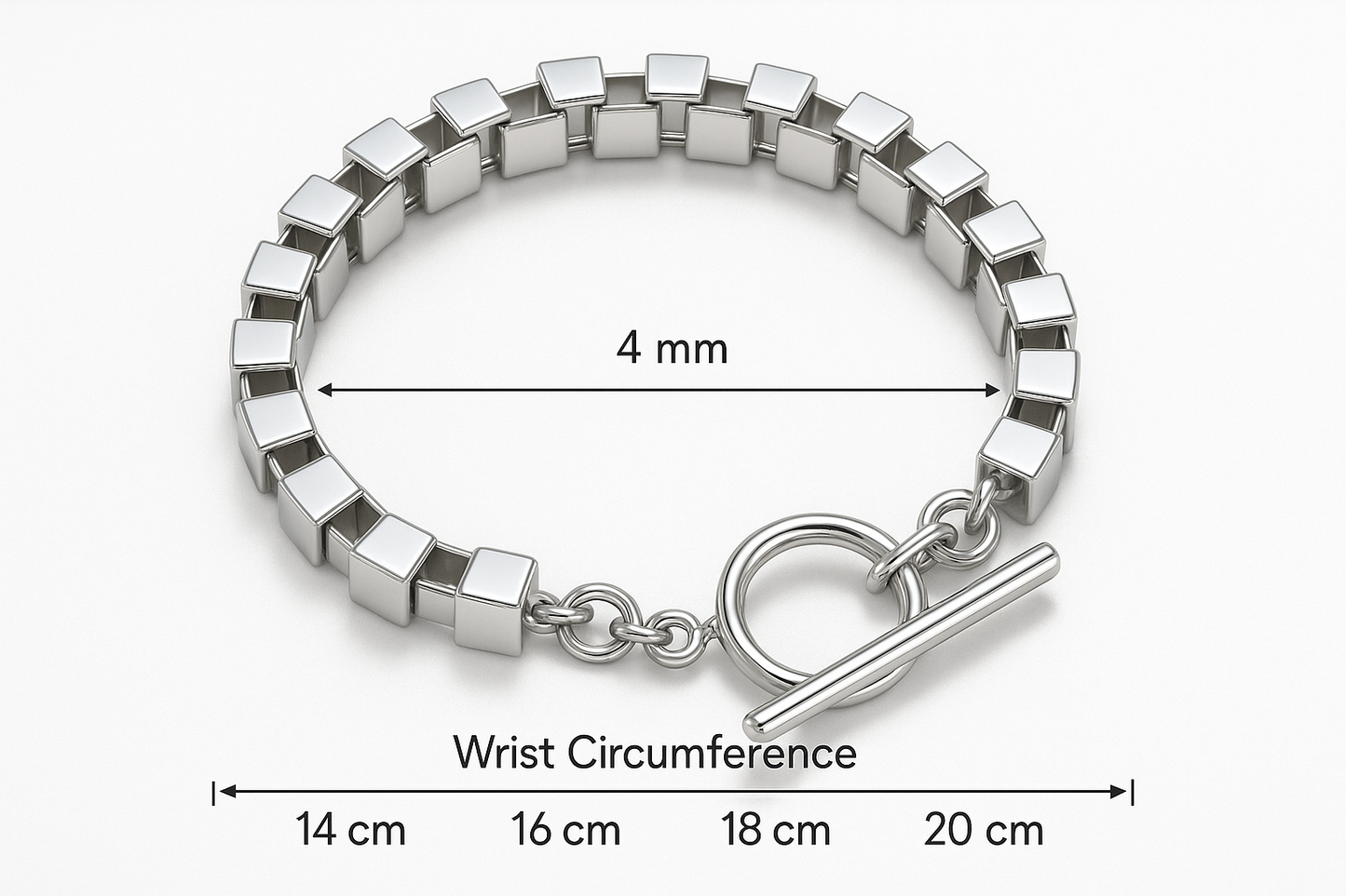 Measurement guide showing 4mm thickness and wrist size range