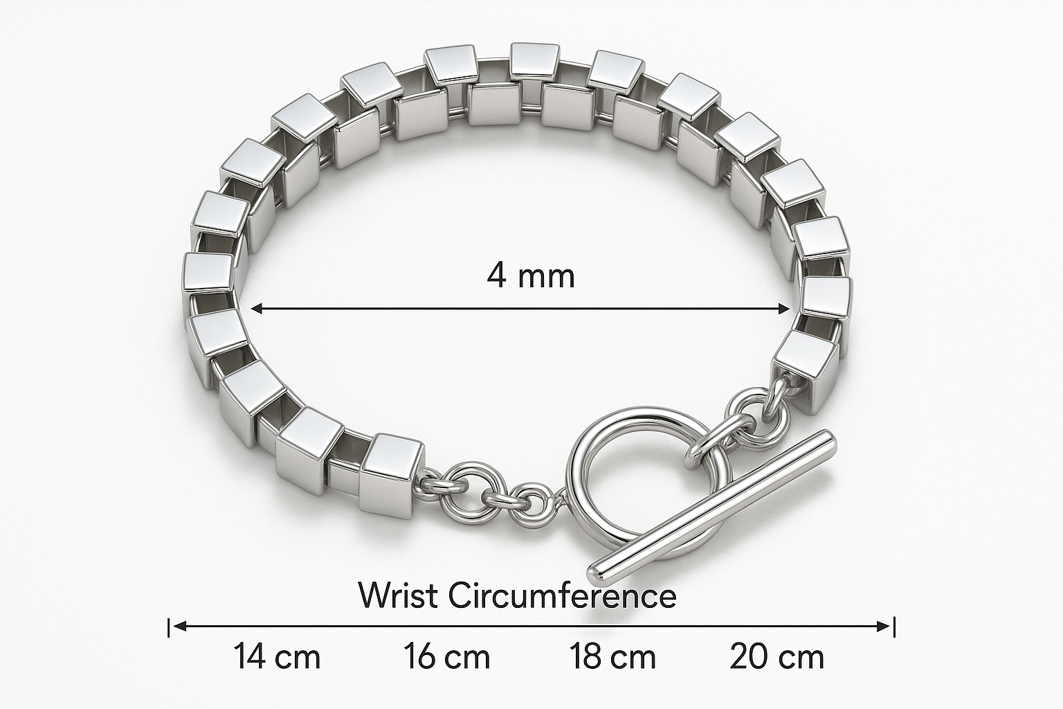 Measurement guide showing 4mm thickness and wrist size range