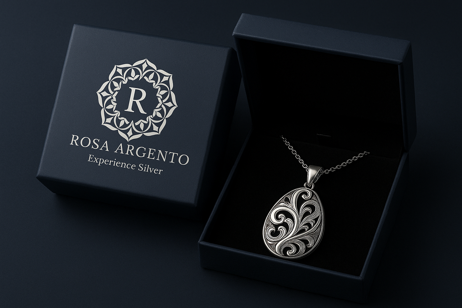 Navy blue packaging with Rosa Argento logo