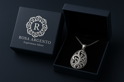 Navy blue packaging with Rosa Argento logo