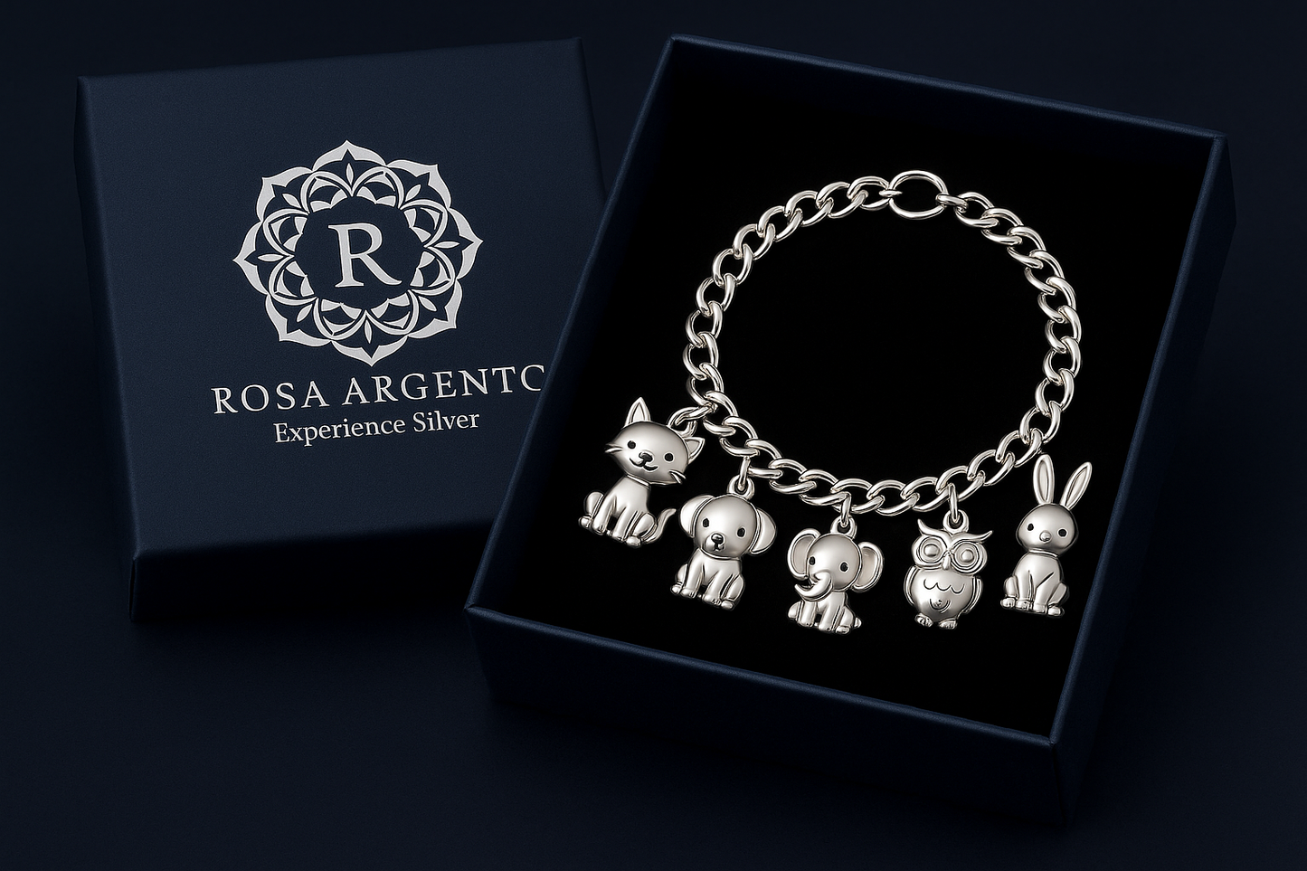 Navy blue packaging with Rosa Argento logo