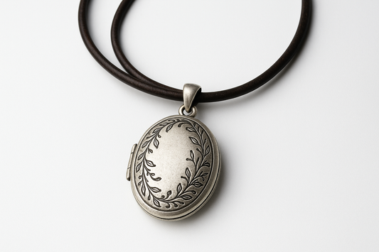 Oval silver pendant with vine engravings on dark brown leather cord