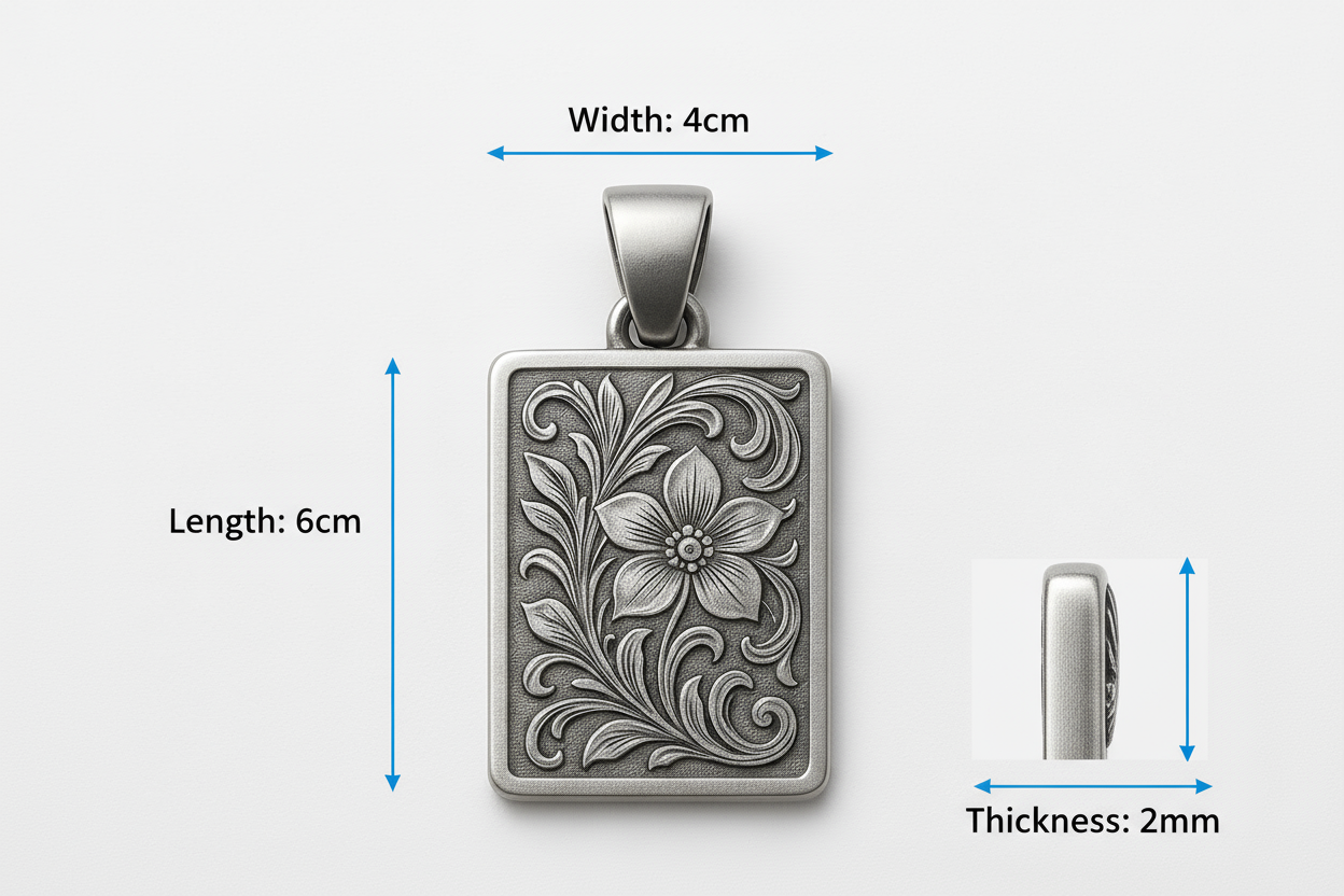 Psr23 pendant with measurements - 6cm length, 4cm width, 2mm thickness