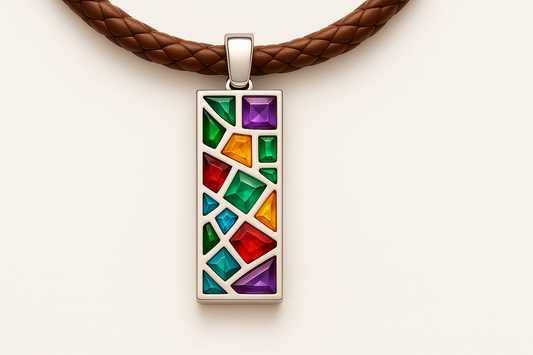 Rainbow colored mosaic pendant with silver setting