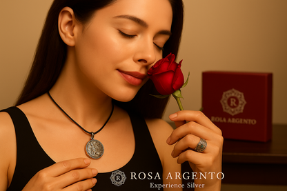 Rosa argento brand model with jewelry and red rose