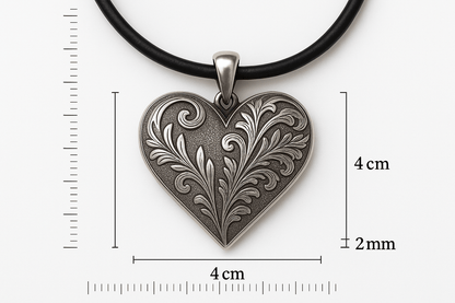 Rosa Argento Silver Heart Pendant - Handcrafted 925 Sterling Silver with Engraved Floral Patterns S201525 - Rosa argento