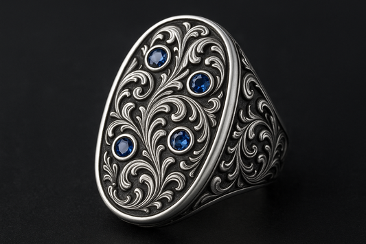 Scrollwork engraved oval silver ring with sapphire stones