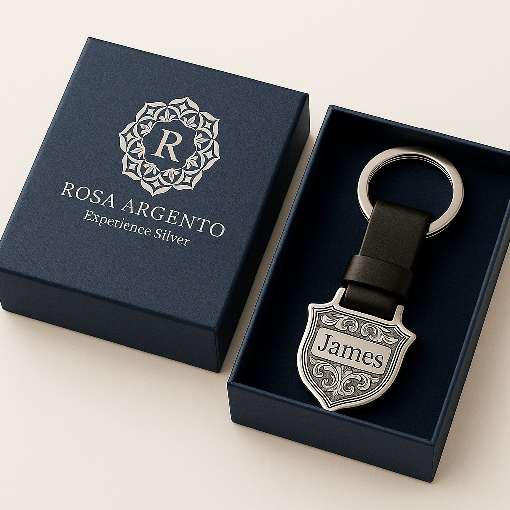 Km3 Silver Shield Keychain with Custom Engraving - Premium Quality S501025 - Rosa argento