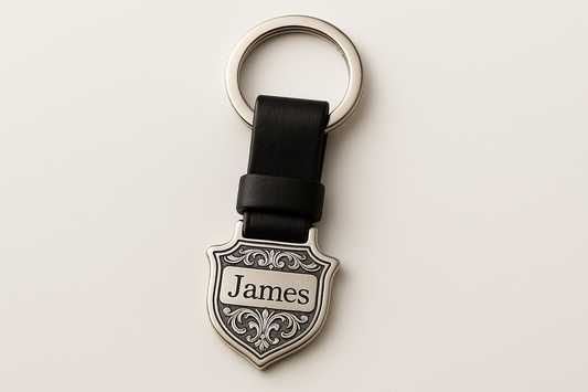 Shield-shaped keychain with "James" engraving