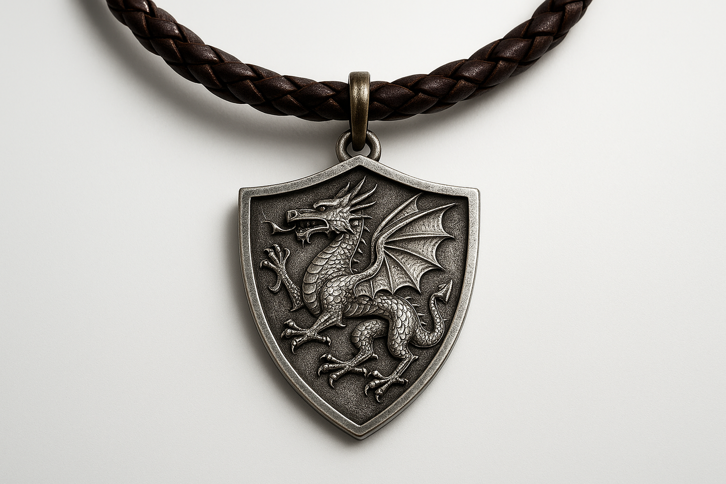 Shield-shaped silver pendant with dragon engraving on dark brown braided leather