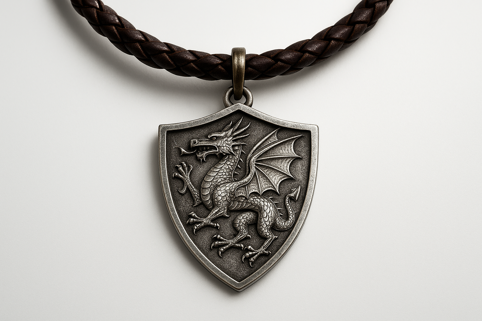 Shield-shaped silver pendant with dragon engraving on dark brown braided leather