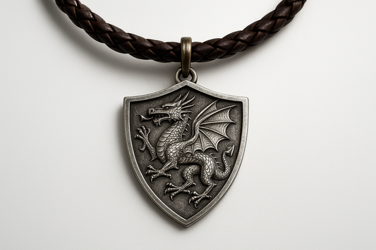 Shield-shaped silver pendant with dragon engraving on dark brown braided leather