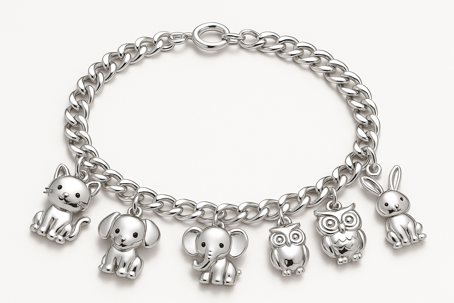 Shining silver charm bracelet with animal charms including cat, dog, elephant, owl, and rabbit