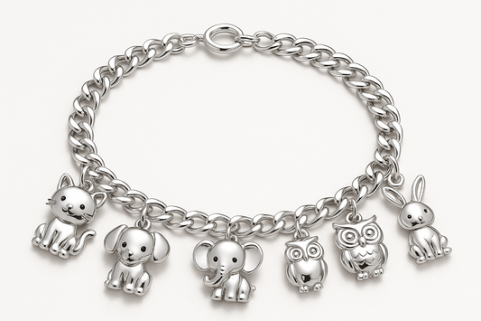 Shining silver charm bracelet with animal charms including cat, dog, elephant, owl, and rabbit