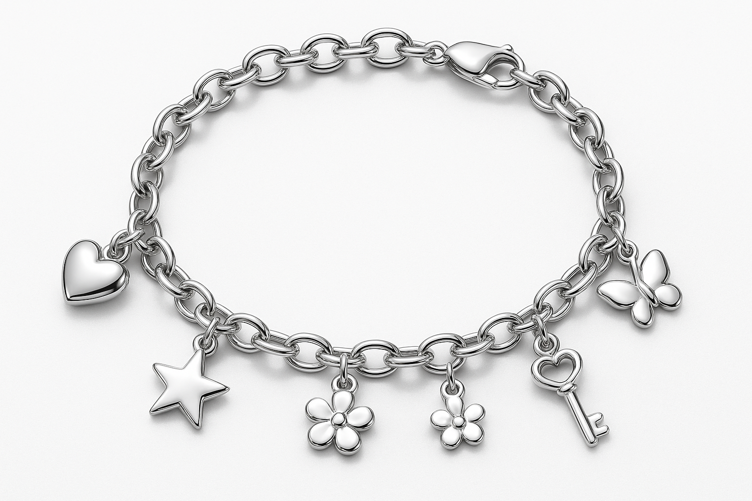 Shining silver charm bracelet with heart, star, flower, key, and butterfly charms