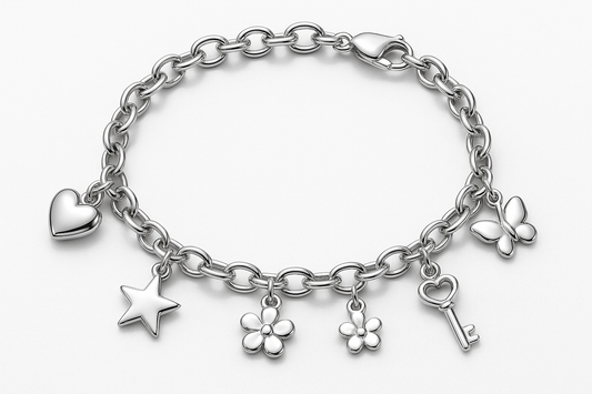 Shining silver charm bracelet with heart, star, flower, key, and butterfly charms