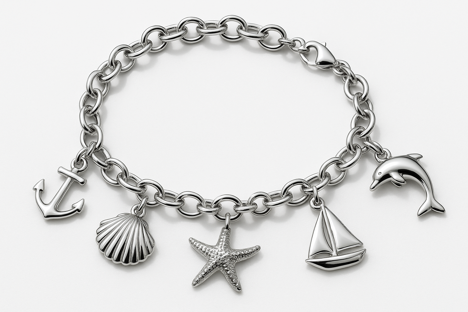 Shining silver charm bracelet with nautical charms including anchor, seashell, starfish, sailboat, and dolphin