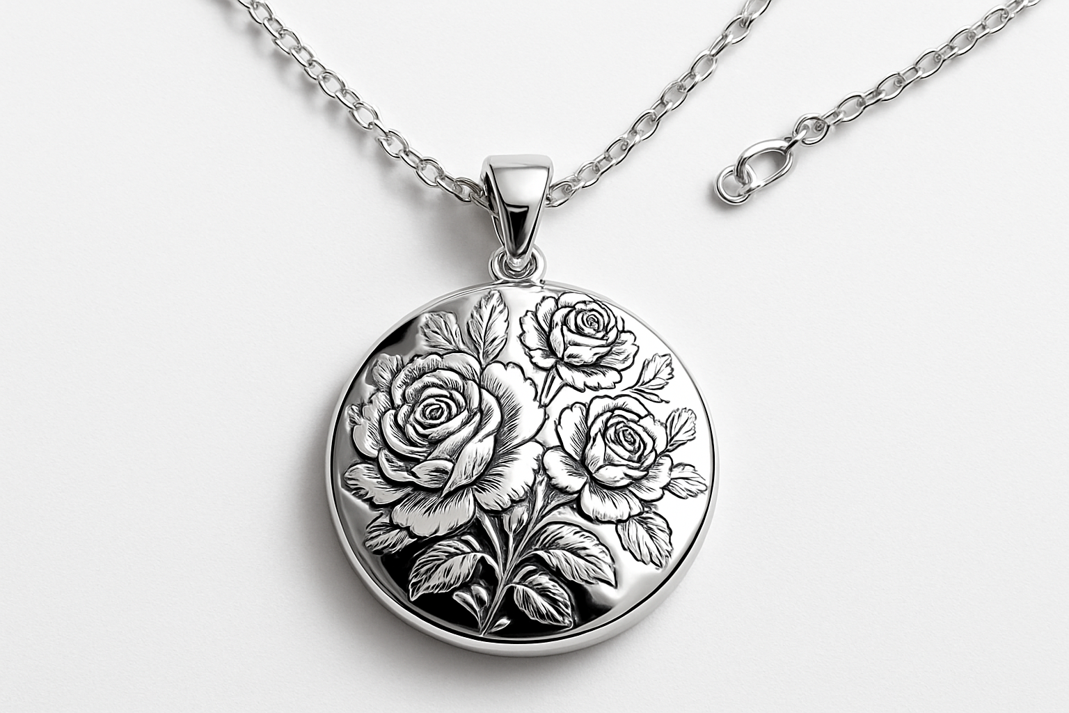 Shining silver pendant with floral engravings on polished silver chain