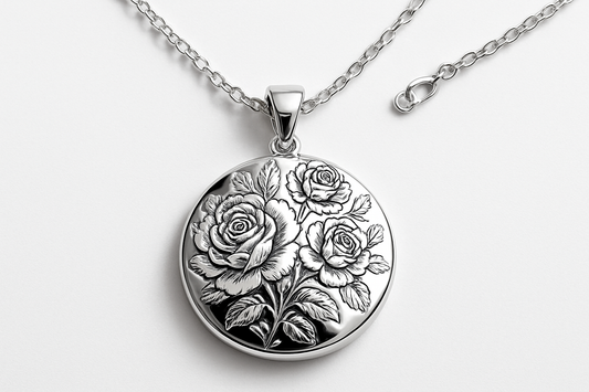Shining silver pendant with floral engravings on polished silver chain