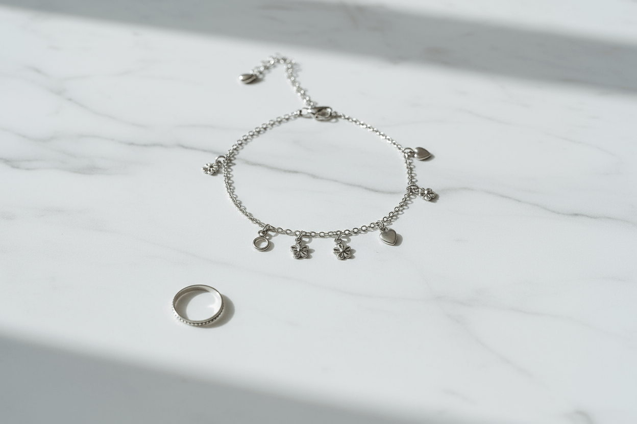 Silver Ankle Bracelet with Charms & Toe Ring Set - Handcrafted Anklet S800125 - Rosa argento