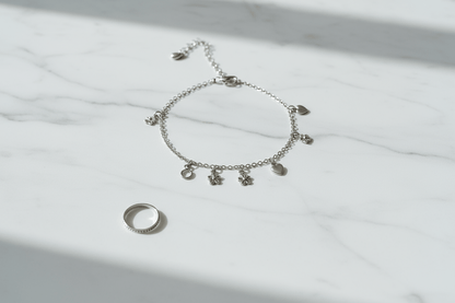 Silver Ankle Bracelet with Charms & Toe Ring Set - Handcrafted Anklet S800125 - Rosa argento