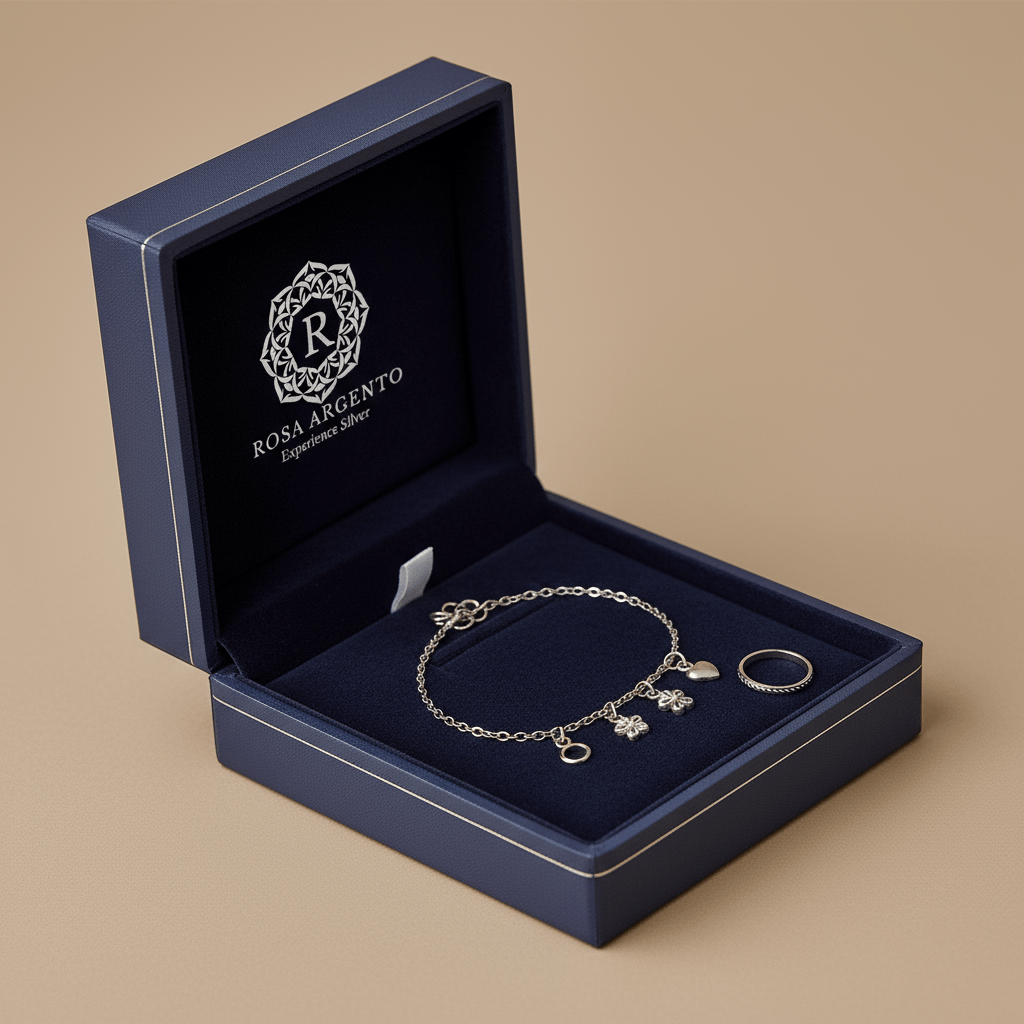 Silver Ankle Bracelet with Charms & Toe Ring Set - Handcrafted Anklet S800125 - Rosa argento