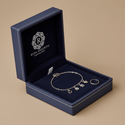 Silver Ankle Bracelet with Charms & Toe Ring Set - Handcrafted Anklet S800125 - Rosa argento