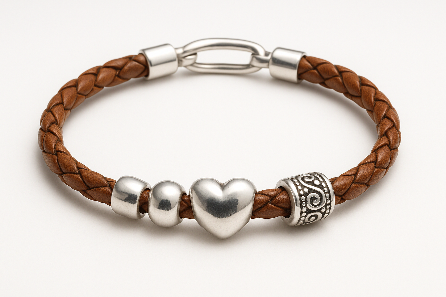 Silver bracelet with brown braided leather