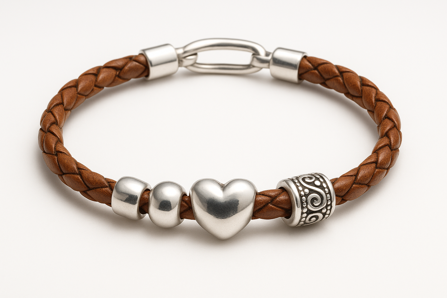Silver bracelet with brown braided leather