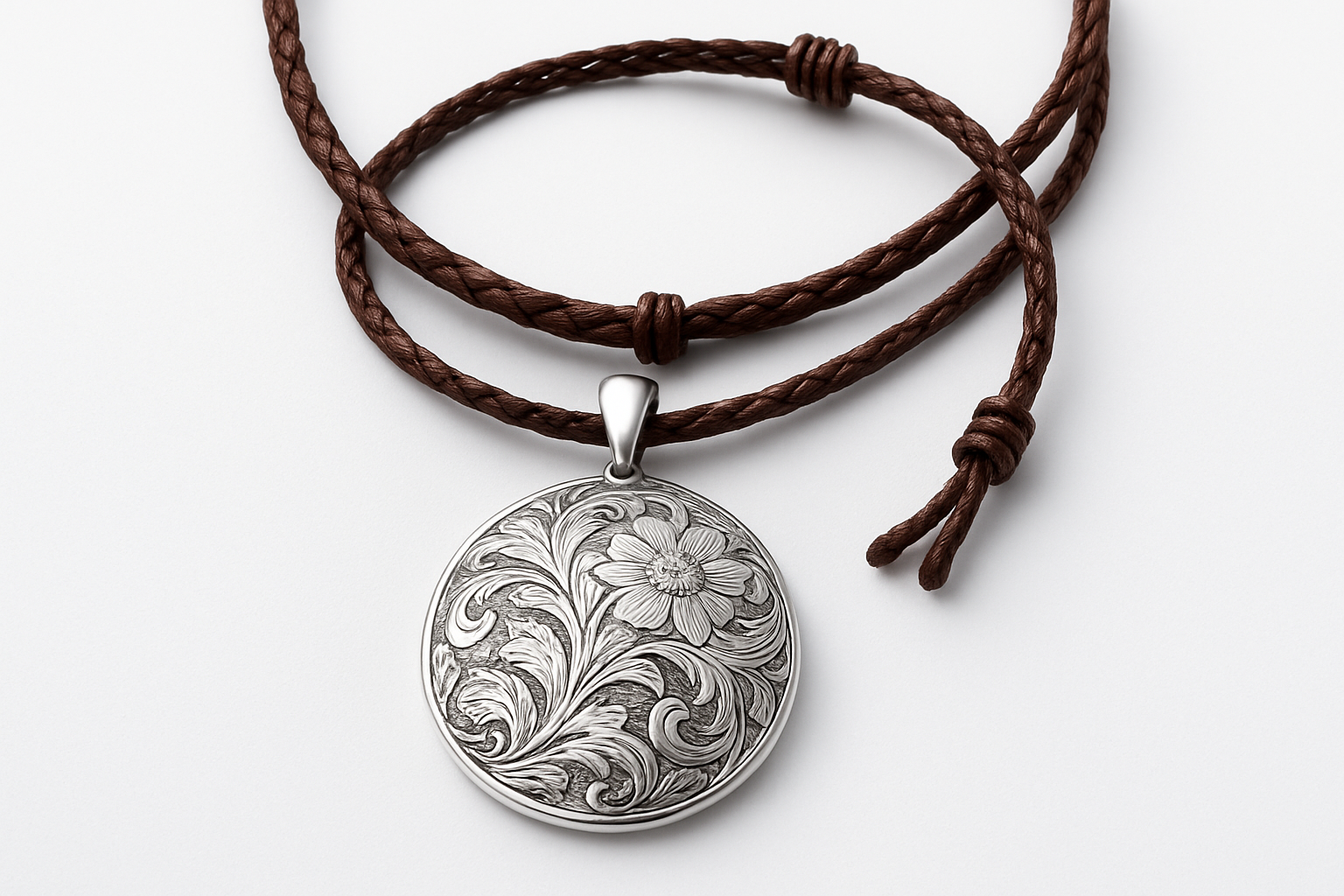 Silver engraved pendant with leather necklace