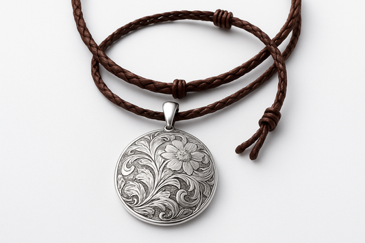 Silver engraved pendant with leather necklace