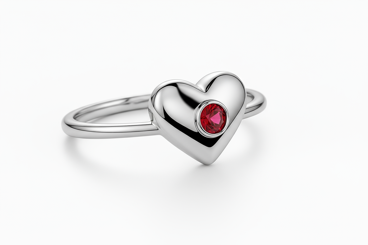 Silver heart ring with red gemstone - product angle