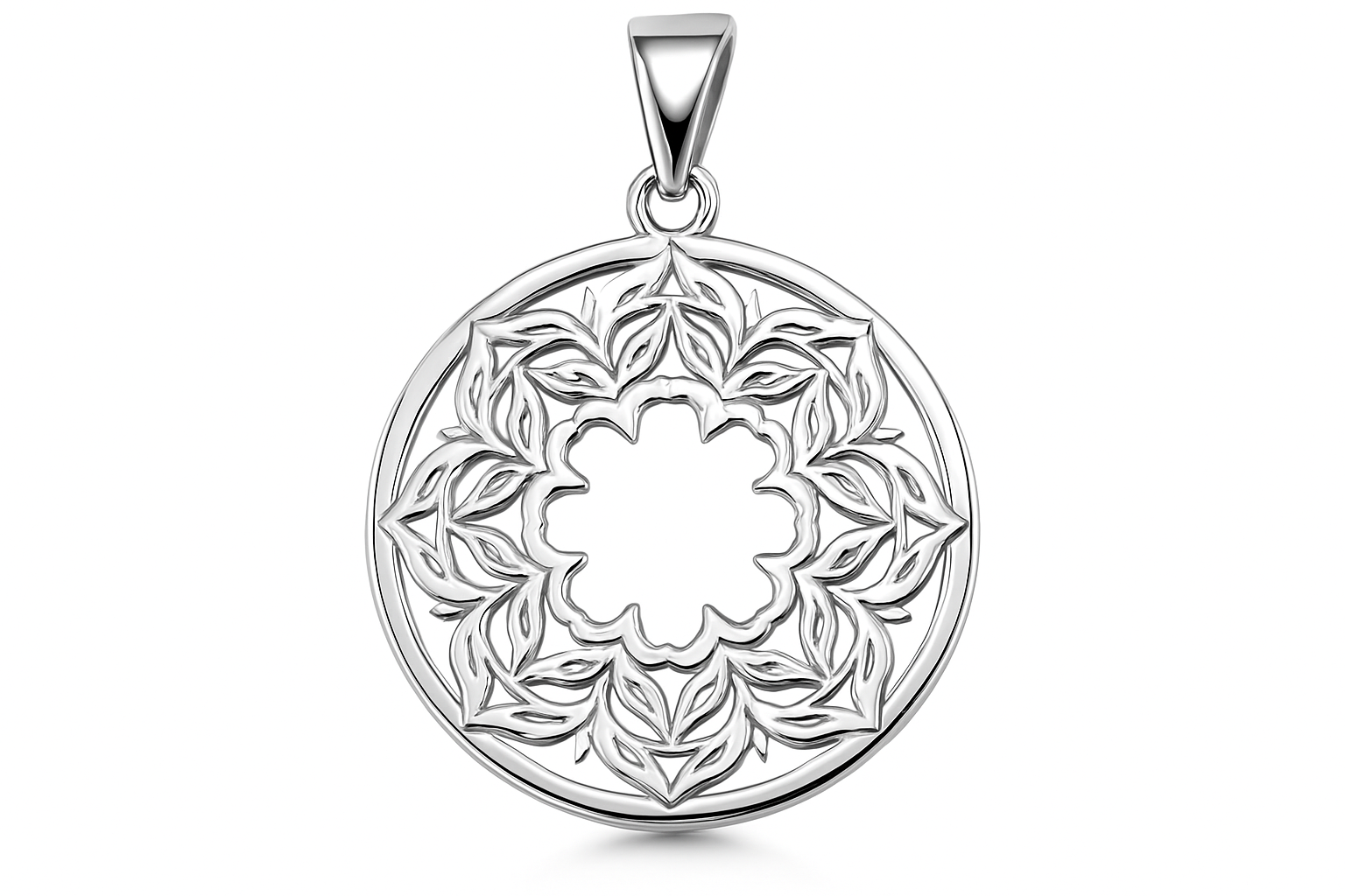 Silver pendant with ornate mandala design inspired by Rosa Argento logo