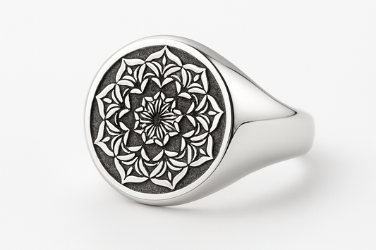 Silver ring with ornate mandala design from Rosa Argento logo