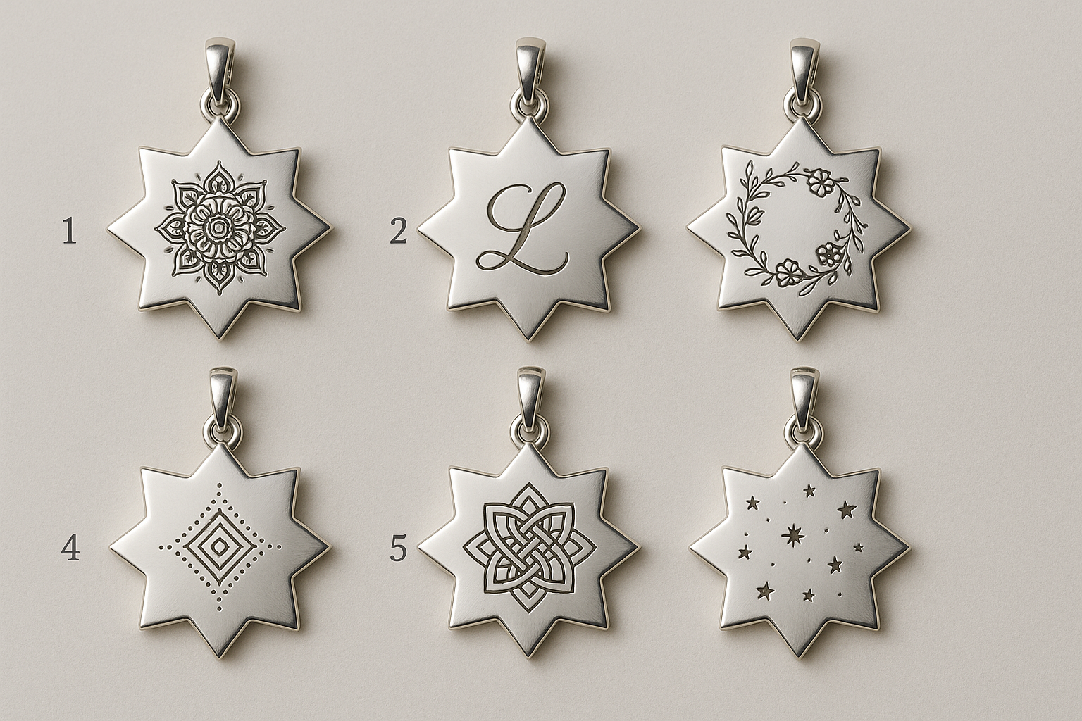 Six eight-pointed star pendants with different engravings numbered 1-6