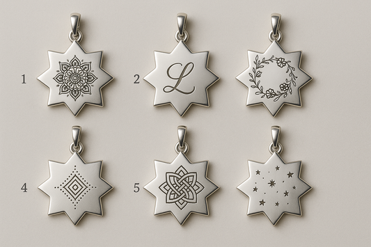 Six eight-pointed star pendants with different engravings numbered 1-6