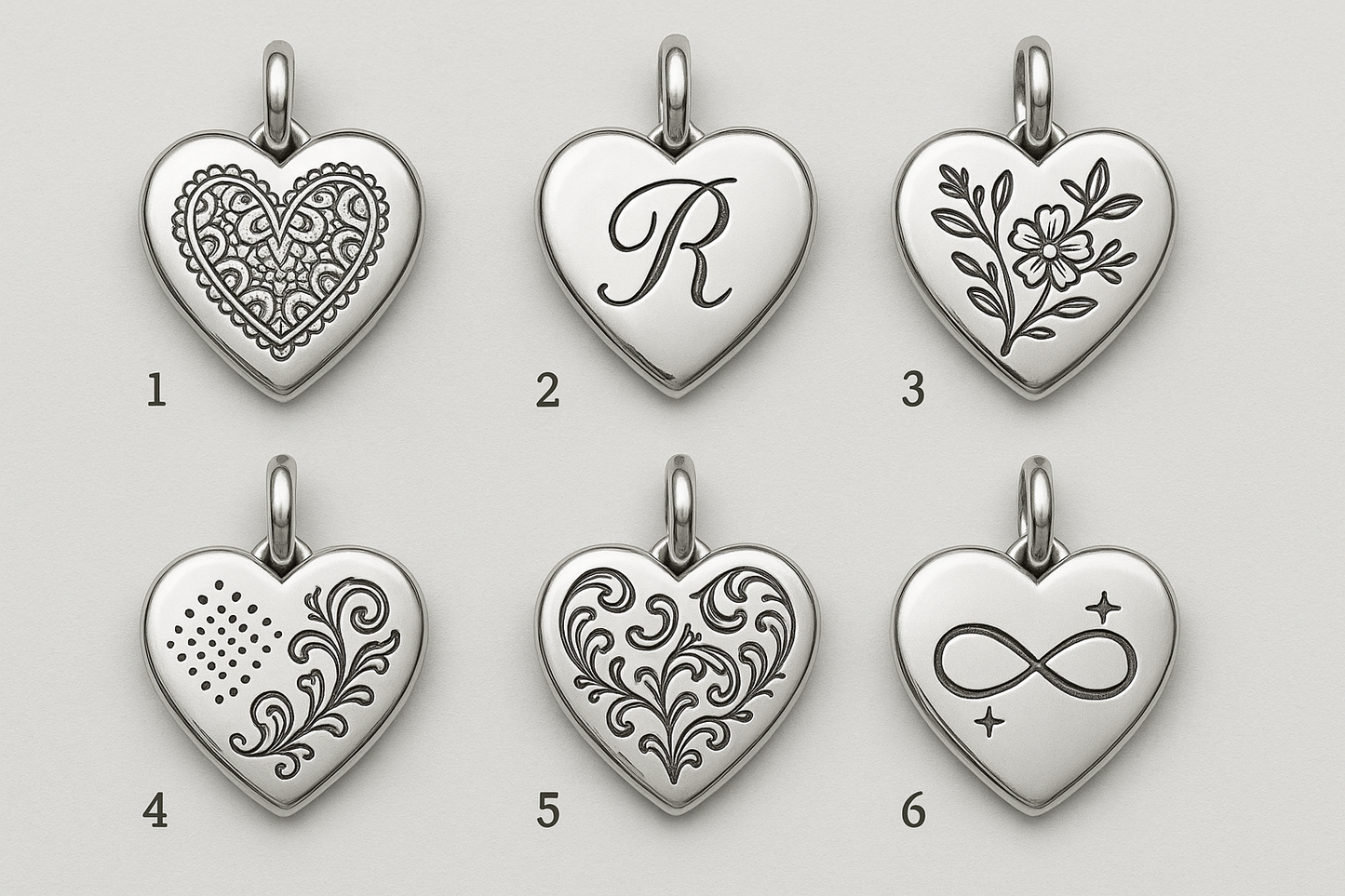 Six heart-shaped silver pieces with different engravings numbered 1-6