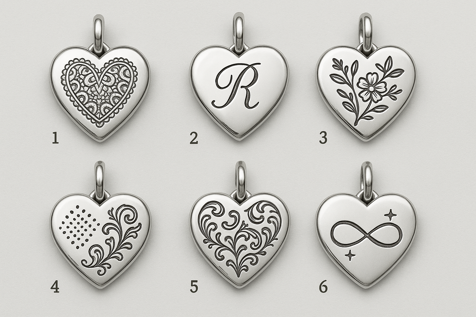 Six heart-shaped silver pieces with different engravings numbered 1-6