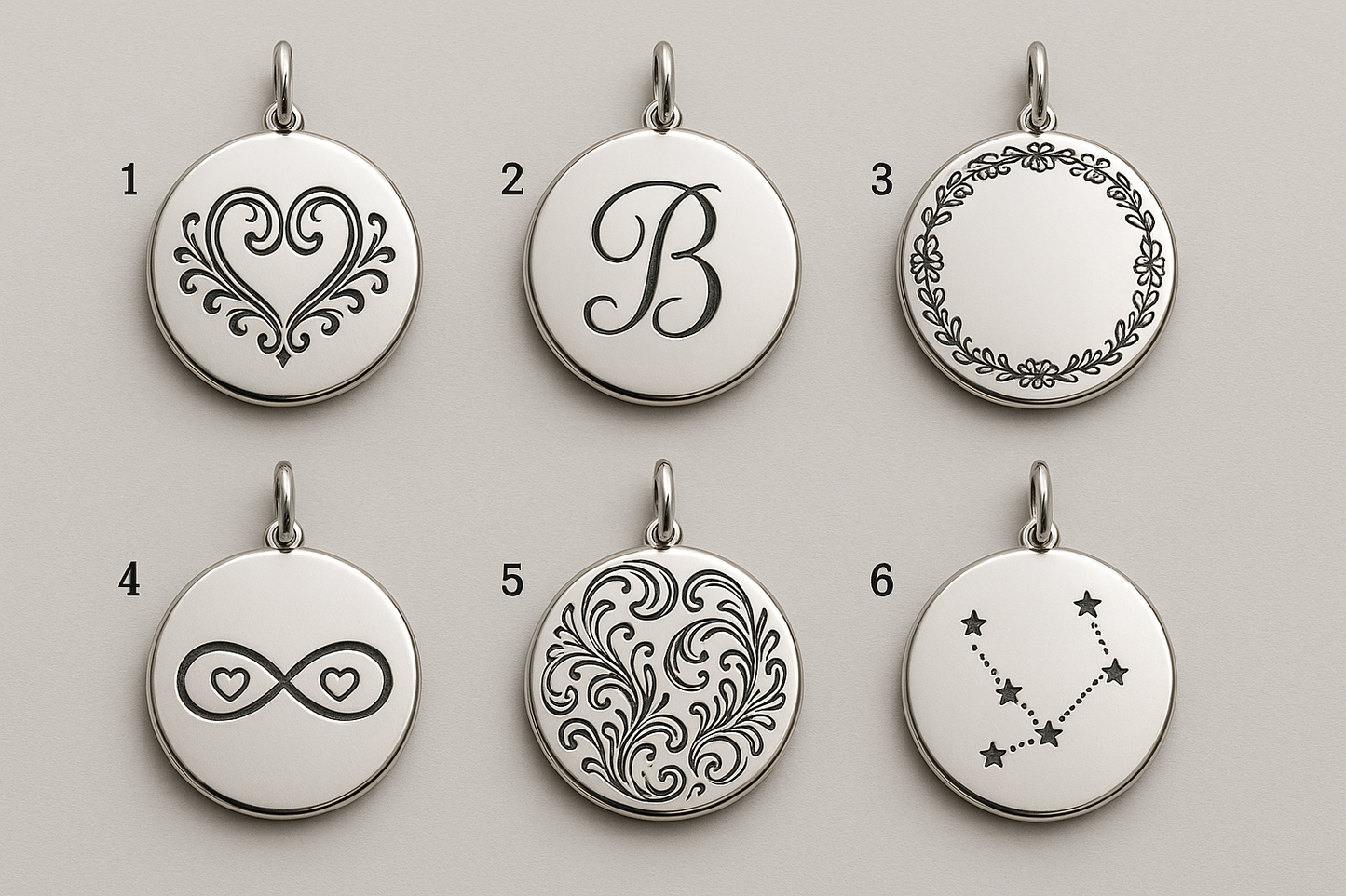 Six round silver pieces with different engravings numbered 1-6