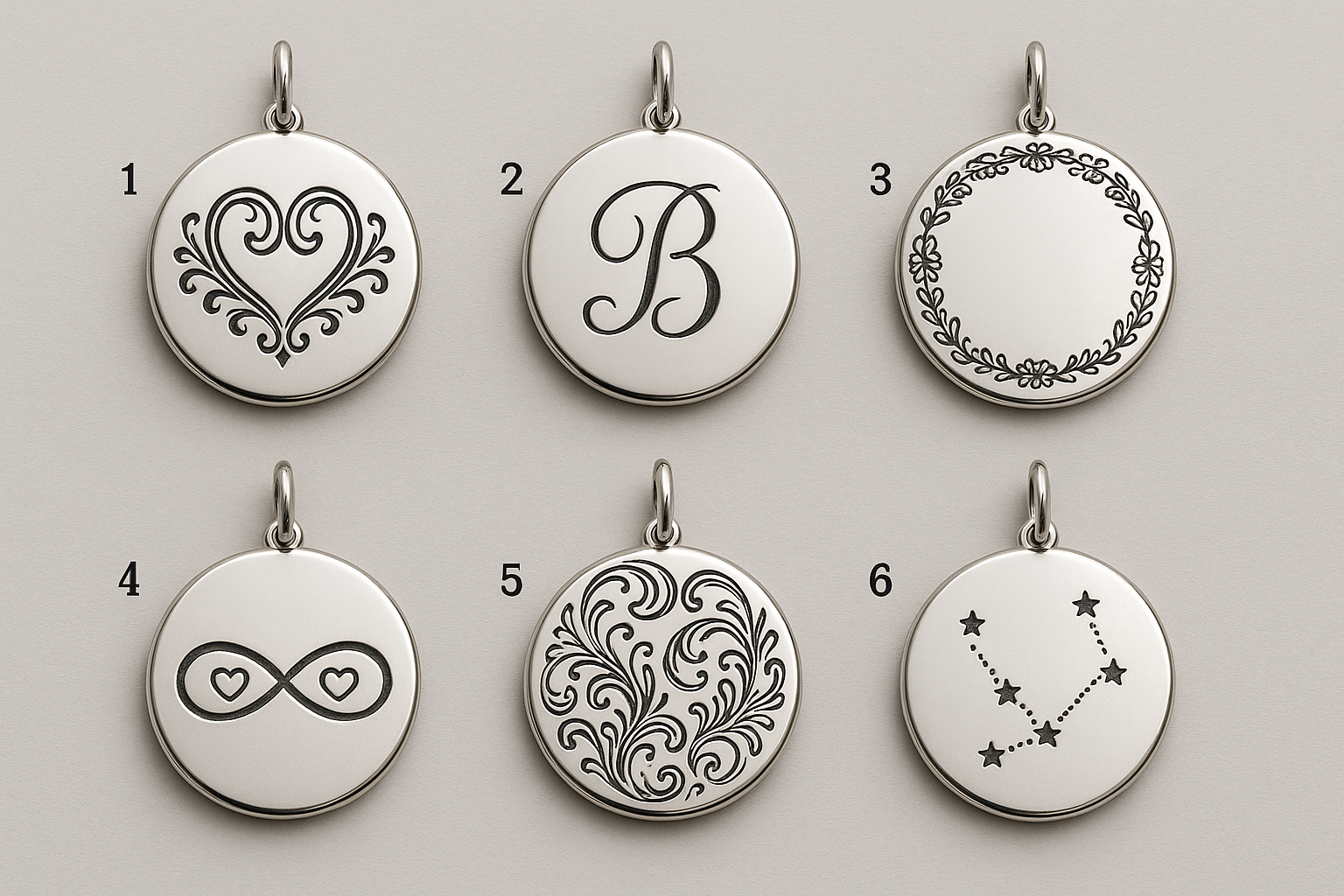 Six round silver pieces with different engravings numbered 1-6