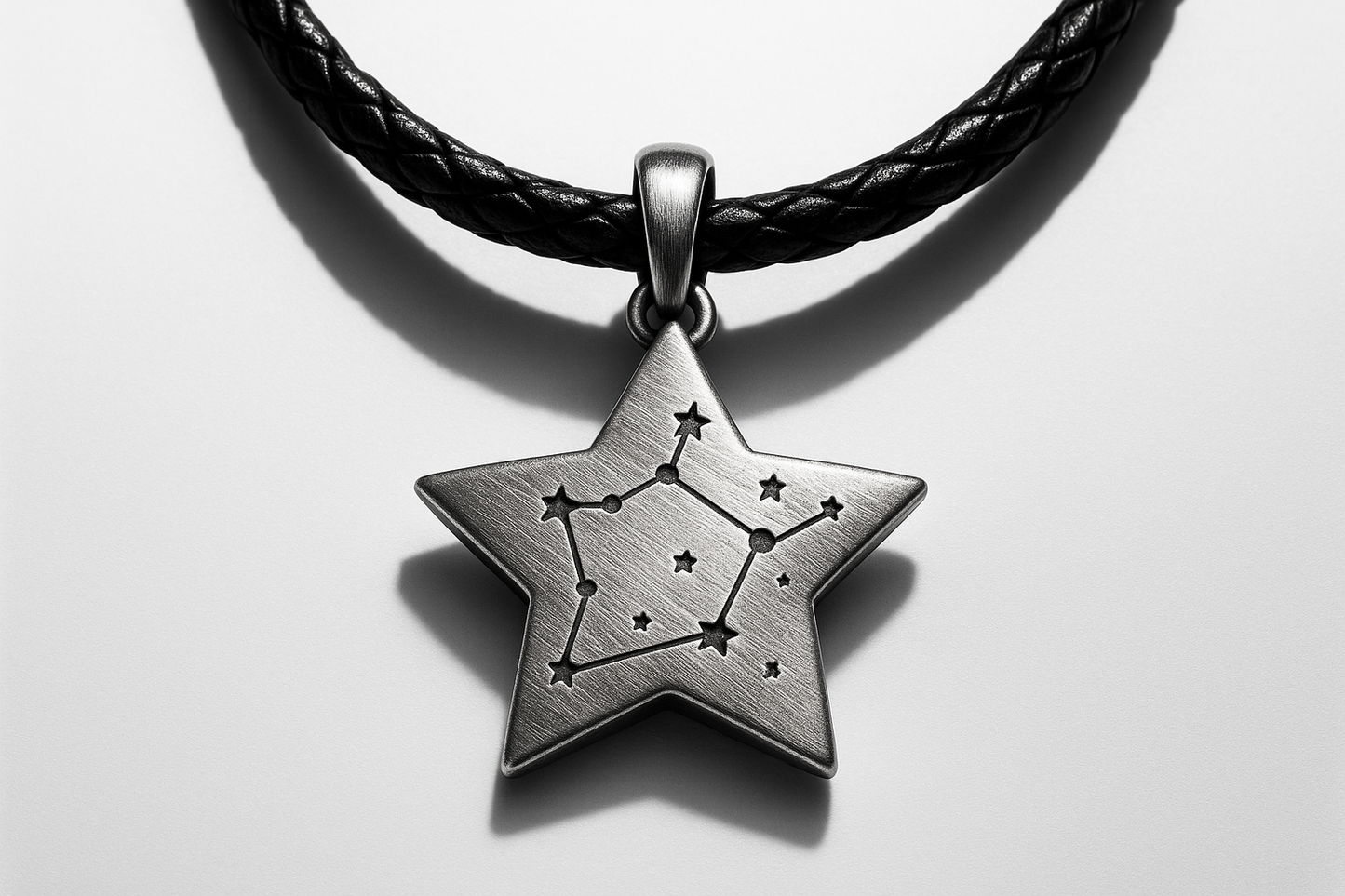 Star-shaped silver pendant with constellation engraving on black braided leather