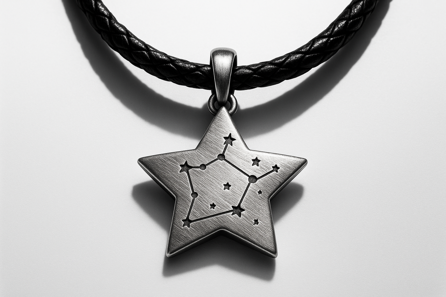 Star-shaped silver pendant with constellation engraving on black braided leather